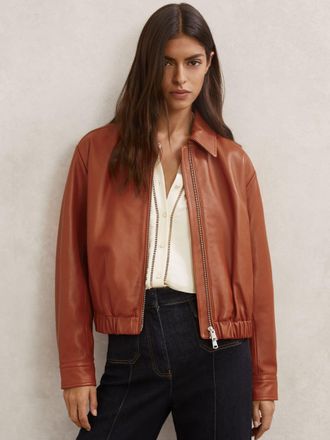 Reiss Tan Leather Cropped Bomber Jacket, 14