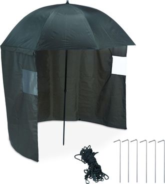 Relaxdays Paraguas De Pesca Con Pared Lateral, Repelente Al Agua, Con Clavijas Y Bolsa, Sombrilla Para Pescar, Verde - Relaxdays