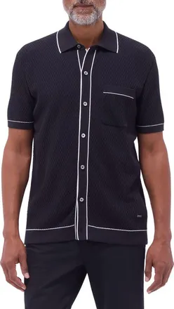 Bugatchi Tipped Short Sleeve Button-Up Sweater in Black at Nordstrom, Size Large