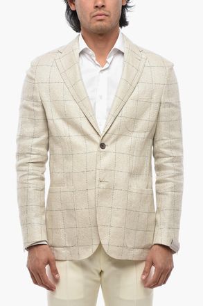 Corneliani CIRCLE Blazer Sfoderato in Misto Canapa Motivo Windowpane Corneliani