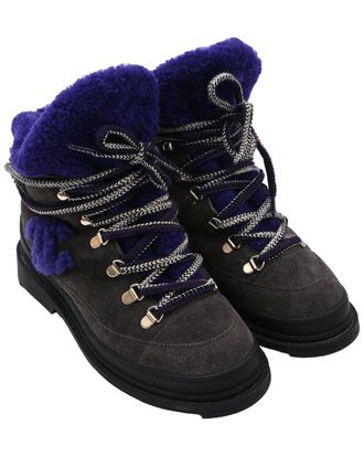 Chanel Womens Suede Cc Lace-Up Shearling Winter Boot (Authentic Pre-Loved)