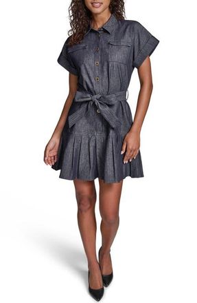 Karl Lagerfeld Pinstripe Tie Waist Denim Minidress in Dark Wash at Nordstrom, Size 16