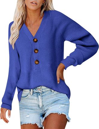 Generic Ladies Jumpers UK Oversize Jumpers for Women UK Women V Neck Long Sleeve Pullover Sweater Button Solid Knit Casual Fashion Sweater Ladies Xmas Size 18