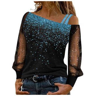 Generic Women Black Long Shirts Shiny Sequin Shirts Glitter Sexy Graphic Tees Mesh Tops Print T-Shirt Casual Cold Loose Long Sleeve Tops Fashion Off Shoulder 