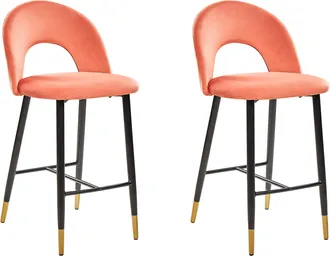 Beliani Beliani - Juego De 2 Sillas De Bar Terciopelo Rojo Coral Acero Negro Dise&ntilde;o Retro Extremos Dorados Comedor Falton