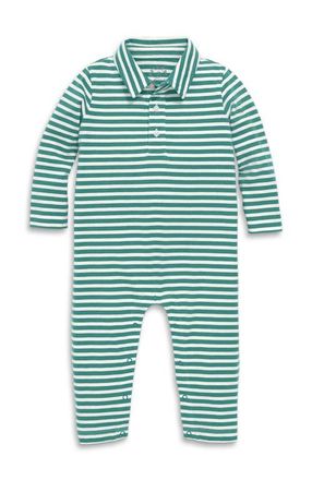 primary Baby Long Sleeve Polo Romper In Mini Stripe in Ivory Sunwashed Teal Stripe at Nordstrom, Size 12-18M