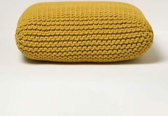 Homescapes Yellow Square Cotton Knitted Pouffe Floor Cushion - Homescapes