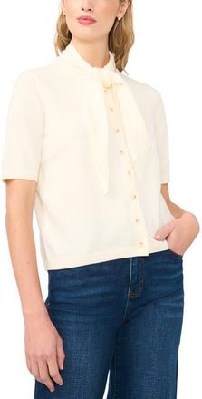 CeCe by Cynthia Steffe Tie Neck Short Sleeve Cardigan in Buttercream at Nordstrom, Size X-Large
