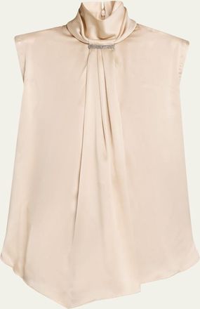 Brunello Cucinelli Sleeveless Silk Turtleneck Blouse w/ Monili