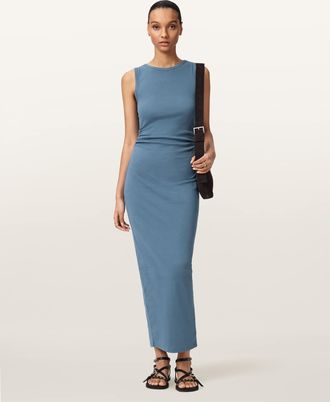 AllSaints Cotton Katarina Boat Neck Slim Fit Maxi Dress, Size: UK 14/US 10