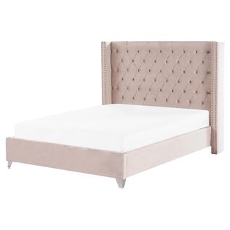 Beliani Cama Con Somier De Terciopelo Rosa Pastel Plateado 160 X 200 Cm Listones Lubbon