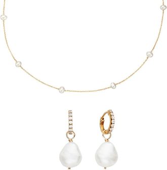 Lily & Roo Gold Pearl Drop Huggies and Ten Pearl Choker Gift Set