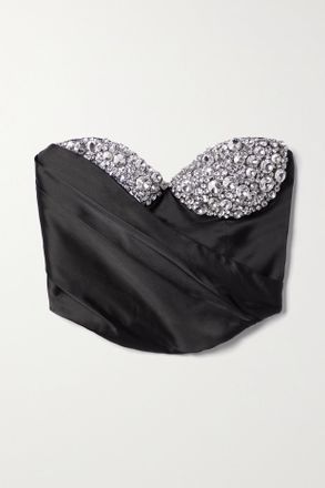 Area Crop Top Bustier In Raso Drappeggiato Con Cristalli - Nero