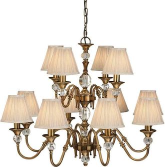Loops Diana Ceiling Pendant Chandelier Antique Brass & Beige Pleat Shade 12 Lamp Light