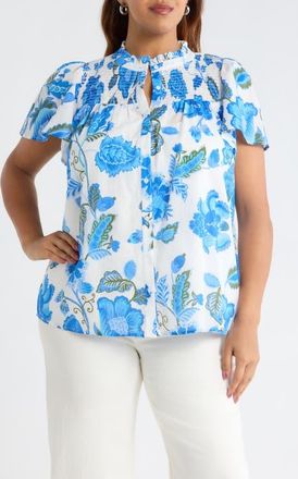 Sugarlips Samian Floral Romy Mock Neck Top in White-Blue-Green at Nordstrom, Size 3 X