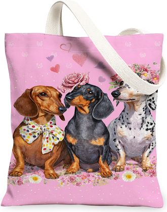Generic Floral Dog Canvas Tote Bags, Cute Canine Design Reusable Shopping Bags, Spring Vintage Lightweight Washable Shoulder Strap, Peach, 13x15 Inch
