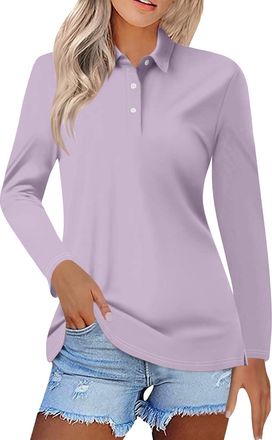 Generic Womens Long Sleeve Polo Shirts Multi-Colours Work Wear Tops Lady-Fit Classic Solid Cotton Pique Golf Shirts UPF 50+ Sun Protection T-Shirt Quick Dry M