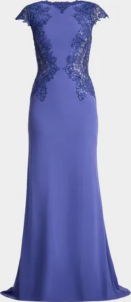 Tadashi Shoji Embroidered Cape-Sleeve Crepe Gown