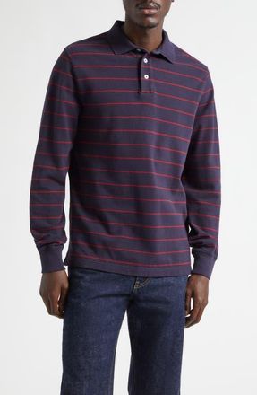Noah Stripe Long Sleeve Cotton Piqu&eacute; Polo in Navy/Red at Nordstrom, Size X-Large