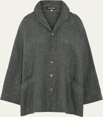 Eskandar Heavyweight Delave Linen Angle-To-Front Double Stand Collar Jacket - Long Length