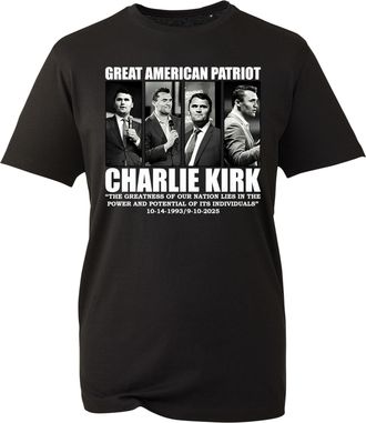 Generic Great American Patriot Charlie Kirk Inspired Tribute Graphic T-Shirt Motivational Quote Design Memorial Top (Black, XL)