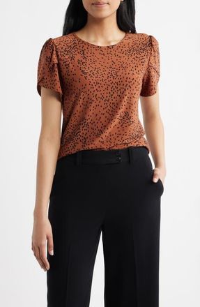 Anne Klein Animal Spot Tulip Sleeve Top in Cedar Spice/anne Black at Nordstrom, Size X-Large
