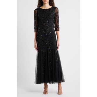 Pisarro Nights Illusion Sleeve Beaded A-Line Gown in Jet Black 004 at Nordstrom, Size 14