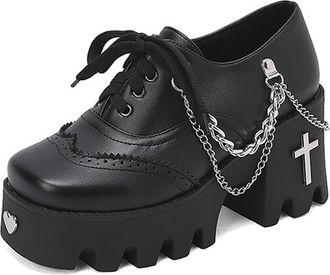 Generic MiaZane Womens Platform Oxford Shoes Chunky Block Heel Color Block Design Lace-Up Closure Thick Lug Sole Gothic Punk Style Ankle Boots High Heel Dress