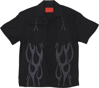 Vision Of Super Tribal Flames Print Short Sleeve Shirt - Heren - Korte mouwen Overhemden - Zwart - S - Overhemden