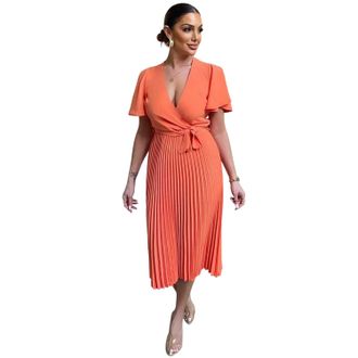 AX PARIS Midi-jurk voor dames van geplooid polyester met strik in de taille (Oranje)