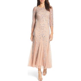 Pisarro Nights Illusion Sleeve Beaded A-Line Gown in Blush at Nordstrom, Size 12