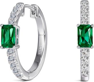MAX + STONE 925 Sterling Silver Emerald Cut Round Gemstone Hoop Earrings with Cubic Zirconia