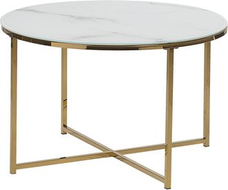 Beliani Mesa De Centro Efecto M&aacute;rmol De Vidrio Templado Blanco Dorado 70 Cm Quincy