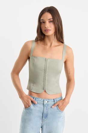Good American Womens The Linen Corset Top | Mosswell, Size Medium | Good American by Khlo&Egrave; Kardashian