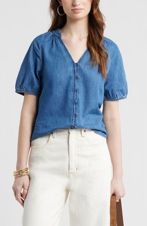 Treasure & Bond V-Neck Chambray Top in Medium Wash at Nordstrom, Size Xx-Large
