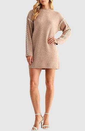 All in Favor Contrast Whipstitch Long Sleeve Mini Sweater Dress in Mocha Moose at Nordstrom Rack, Size Medium