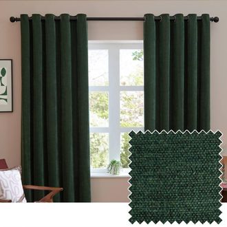 furn. Soft Chenille Blackout Eyelet Curtain Pair in Bottle Green | Size: 229 cm width x 229 cm drop