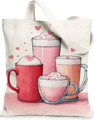 Generic Heart Pattern Canvas Tote Bags, Cute Beverage Design Reusable Grocery Bags, Lightweight Washable Shoulder Strap Canvas for, Beige, 13x15 Inch