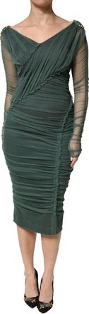 Dolce & Gabbana Green Ruched Mesh Sheer Sleeves Midi Womens Dress (Pre-Owned)