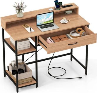 Costway Computer Desk Writing Work Study Desk with Power Outlets-Natual