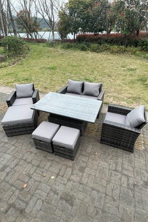 Fimous Rattan Outdoor Furniture Adjustable Rising Lifting Rectangle Dining Table Chairs Love Sofa Sets7 Seater in Dark Grey