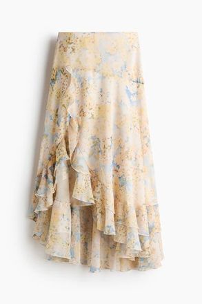 H&M Flounce-trimmed Skirt in Light Yellow/floral at Nordstrom, Size 10