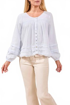 Tribal Crinkle Gauze Button-Front Balloon Sleeve Frayed Hem Blouse In Saltwater