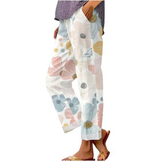 Generic Wide Leg Linen Trousers for Women UK, Womens Ladies Summer Cotton Trouser Cropped High Waisted Capri Pants Casual Lightweight Straight Lounge Bottoms 