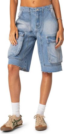 Edikted Rex Denim Cargo Bermuda Shorts in Blue-Washed at Nordstrom, Size Large