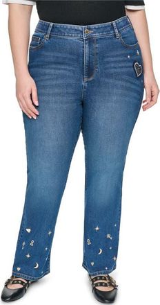Karl Lagerfeld Whimsy Pins & Patches High Waist Straight Leg Jeans in Cobalt Blue at Nordstrom, Size 16W