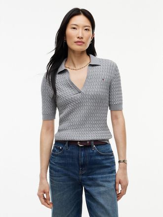 Tommy Hilfiger Womens Short-Sleeve Cable Knit Sweater Polo - Medium Grey Heather - XXS
