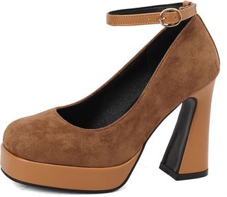 Generic Womens Ankle Strap Pumps Suede Upper Chunky Block Heel Platform Sole Round Toe Adjustable Buckle Lightweight Comfortable Shoes for Dress Casual,Brown,