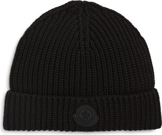 Moncler Logo Patch Cotton Rib Beanie in Black at Nordstrom