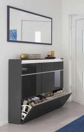 Dmora Zapatero Dlukak, Mueble Multiusos Con 2 Puertas Y 1 Puerta Abatible, Zapatero De Entrada, 100% Made In Italy, Cm 120x27h108, Antracita Brillo - Dmora